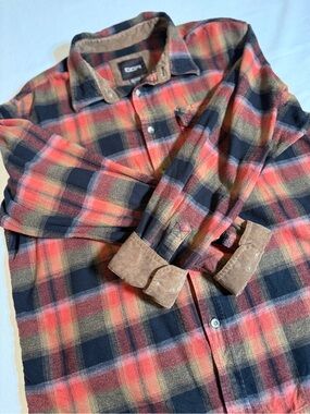 CQR Men's Flannel Shirt XL Orange & Black Plaid Flannel Shirt with Corduroy Trim